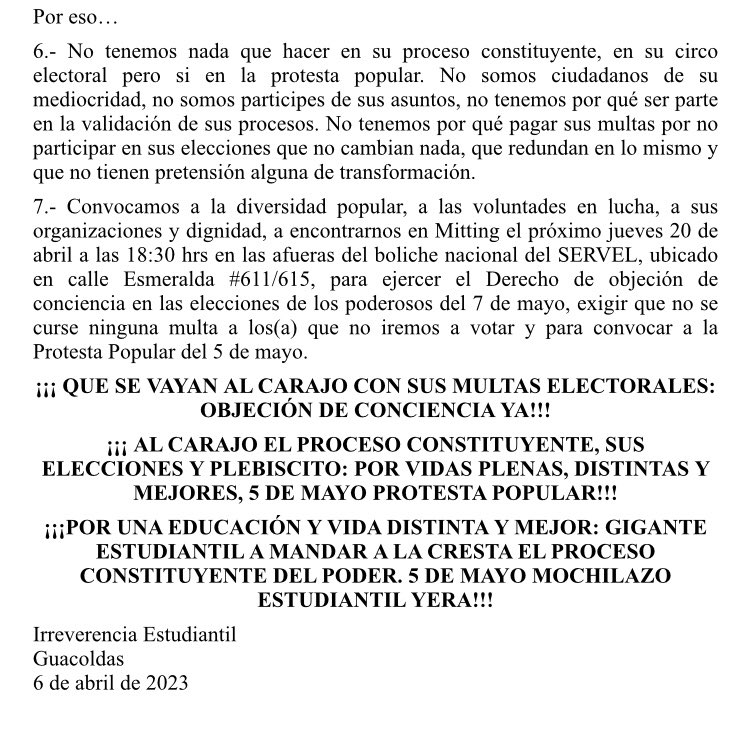 A LLEVAR DE APURO AL SERVEL Y A LA DEMOCRACIA RASCA POR EL DERECHO A NO VOTAR
Mitting 20 de abril
"Ni constituyente,
Ni circo electoral,
El único camino protesta popular"