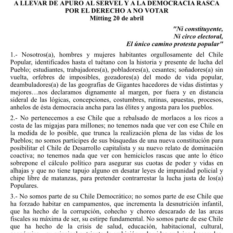 AGuacoldas's tweet photo. A LLEVAR DE APURO AL SERVEL Y A LA DEMOCRACIA RASCA POR EL DERECHO A NO VOTAR
Mitting 20 de abril
"Ni constituyente,
Ni circo electoral,
El único camino protesta popular" https://t.co/psQzXTWsif