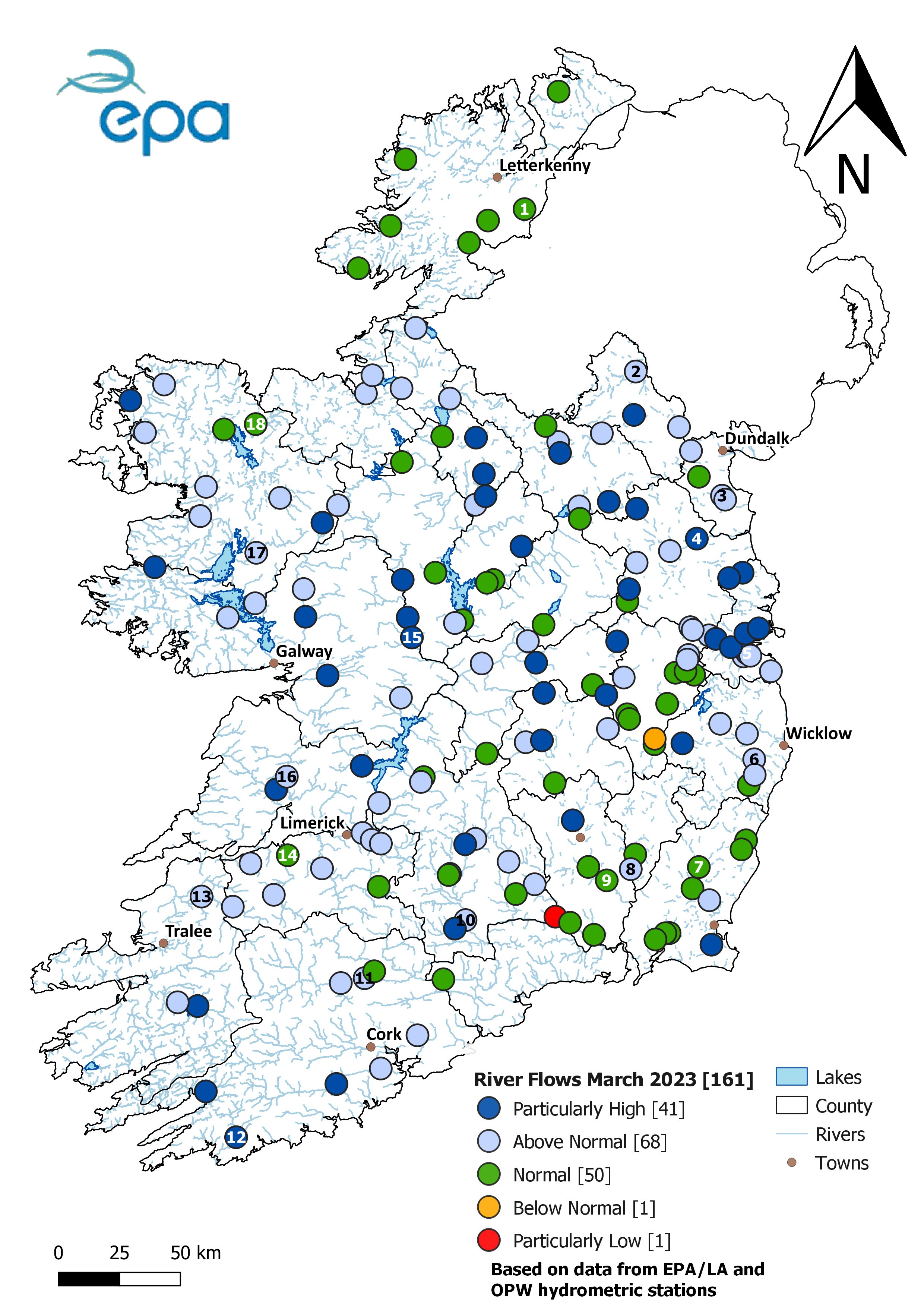 A map of Ireland showing the amount of water flowing in our rivers, with almost all stations Normal (50 locations)), Above Normal (68 locations) or Particularly High (41 locations). One site is below normal and one is particularly low. 