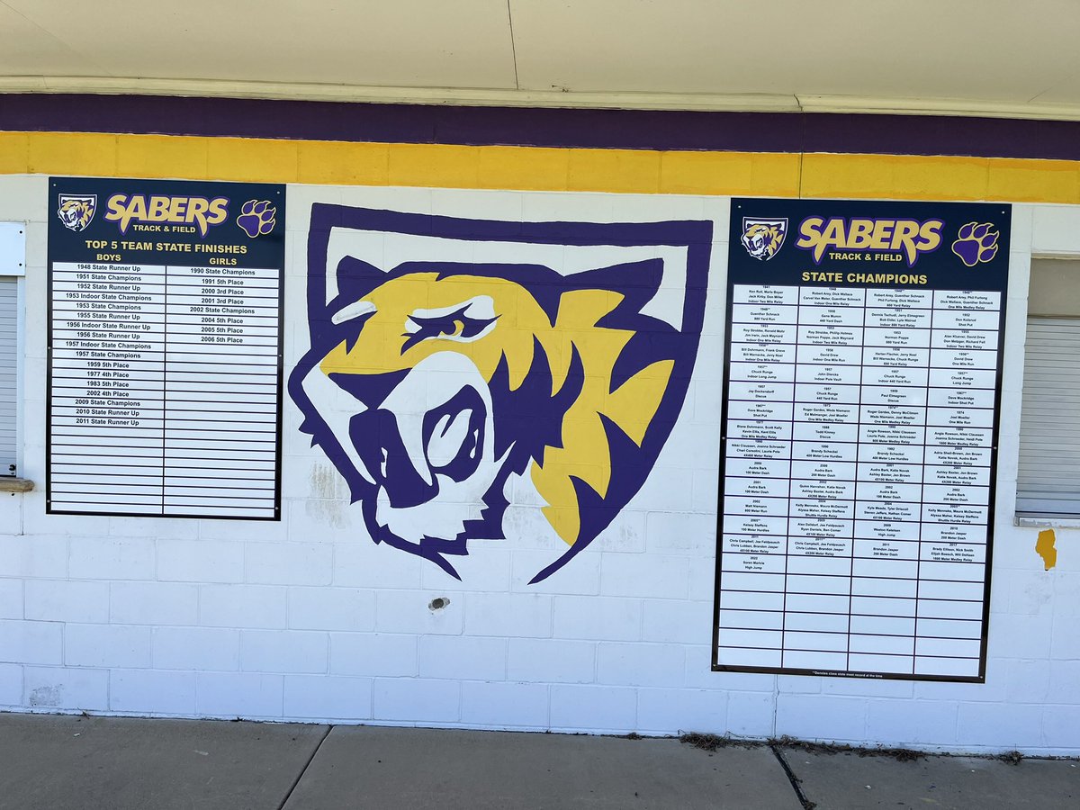 CDSabersTF's tweet photo. A multi year research project to help celebrate our past and motivate for the future for @CDSabersTF and @DewittField comes to fruition and is complete! Thanks to Signs and More for making the beautiful record boards and @WildcatsTnF for the idea! https://t.co/j7boBBRlCc