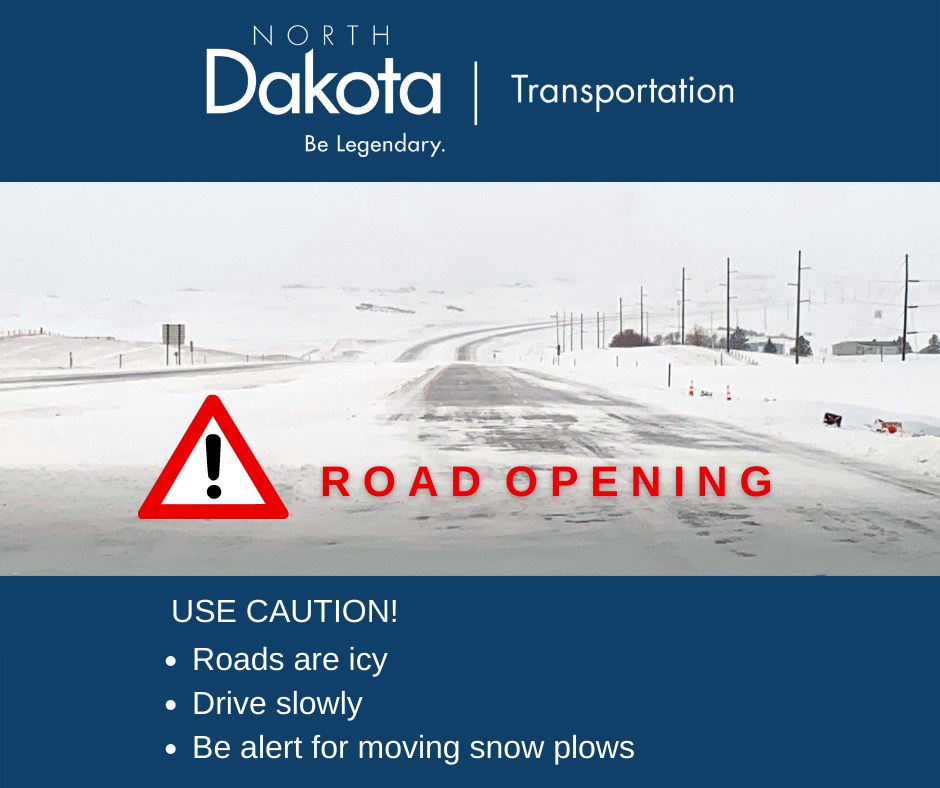 NorthDakotaDOT's tweet photo. The remaining stretch of I-94 is now open. Please drive with caution, especially around slow-moving plows and other heavy equipment. Thank you for your patience, ND! #NDRoads #ndwx #NDHP https://t.co/4lGzcp5n8f