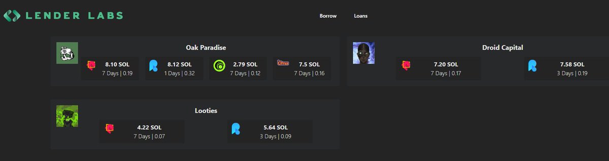 LenderLabs's tweet image. Don't miss out on the lending opportunities available on @SharkyFi , @FamousFoxFed , @frakt_hq , and @rainfi_  with Borrow.lenderlabs.xyz. #Lending #NFTs"
The only #Solana NFT borrowing aggregator, 100% FREE!