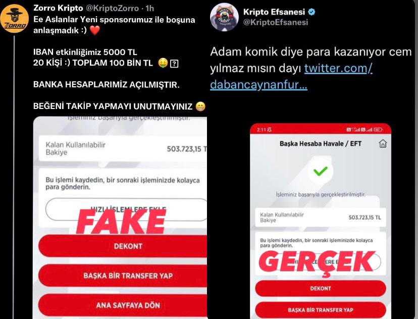 Bu <a href="/KriptoZorro/">Kripto Zorro</a> denen şahıs sözde her gün para dağıtıyor fakat paylaştığı dekontların hepsini <a href="/KriptoEfsanesi/">Kripto Efsanesi</a>'nden çalıyor.

Bunun gibi umut tacirliği yapıp insanları kandıran hesapları RT ederek herkesin görmesini sağlayalım.