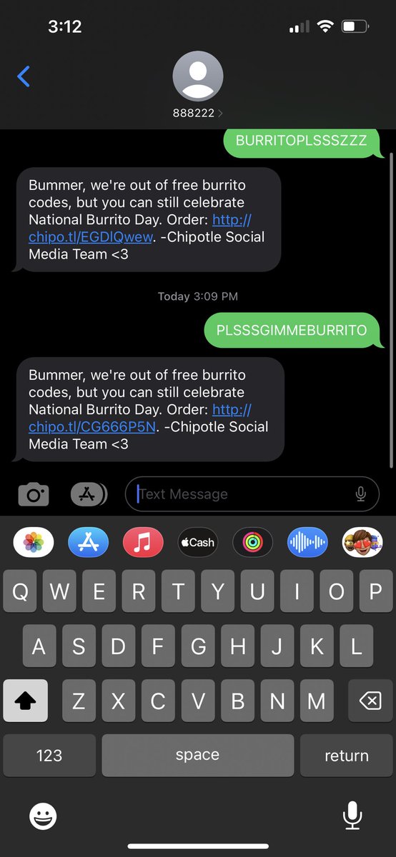 MDawodMD's tweet photo. @ChipotleTweets Tweet published at 3:09 and message sent at 3:09. Impossible to win 😞 https://t.co/D9csYumnU0