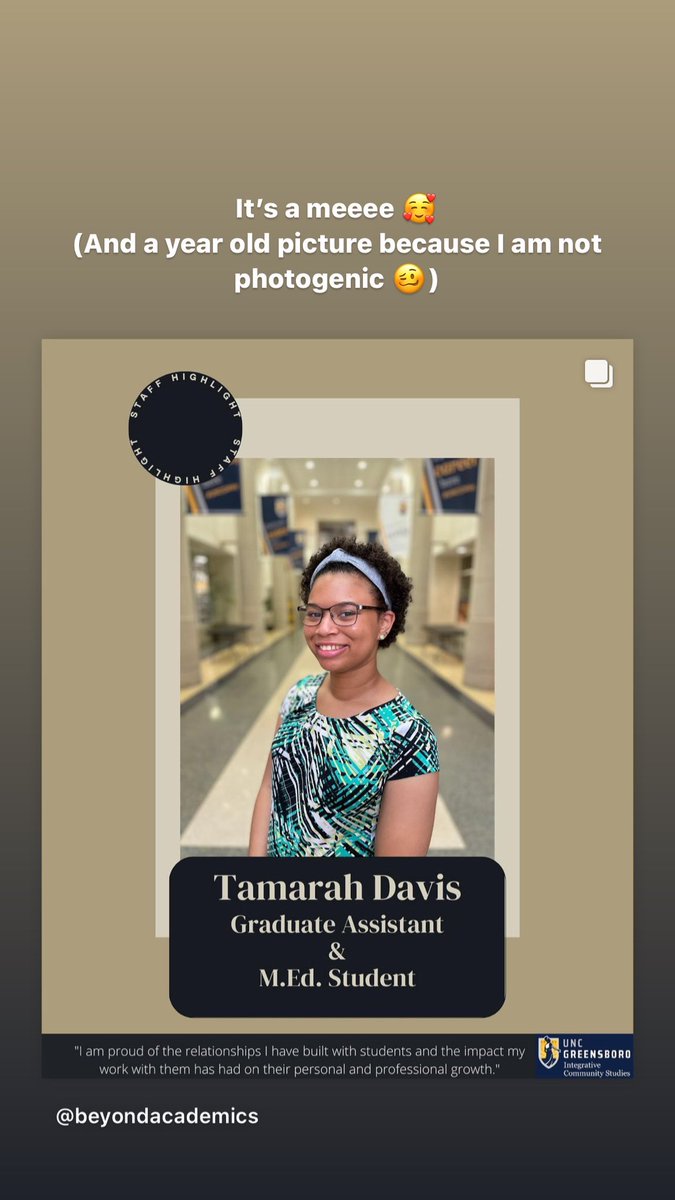 BeyondAcademics's tweet photo. In honor of graduate assistant appreciation week, we are highlighting Tamarah "Tam" Davis! Tam has been with the ICS office since Fall of 2021. Tam wears many hats and constantly strives to find ways to support students and help them grow. Thank you for all that you do!💙💛 https://t.co/7KwyqSYSrN