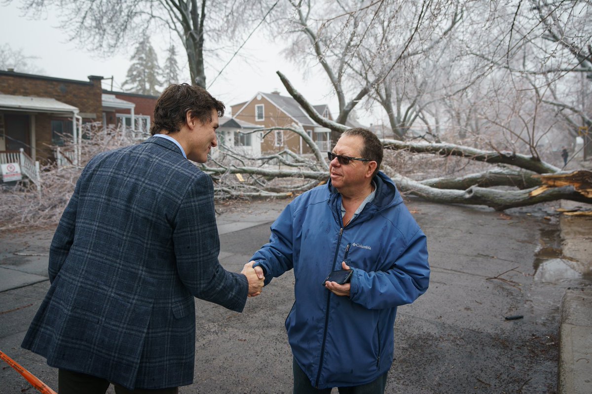 JustinTrudeau's tweet photo. My message to the people of Quebec and Eastern Ontario: We’re here to help as needed. As crews continue to clear roads and restore power, please stay safe. And to the officials who briefed us earlier: We’ll make sure you have what you need to keep making progress. https://t.co/2JV2FRU4HT
