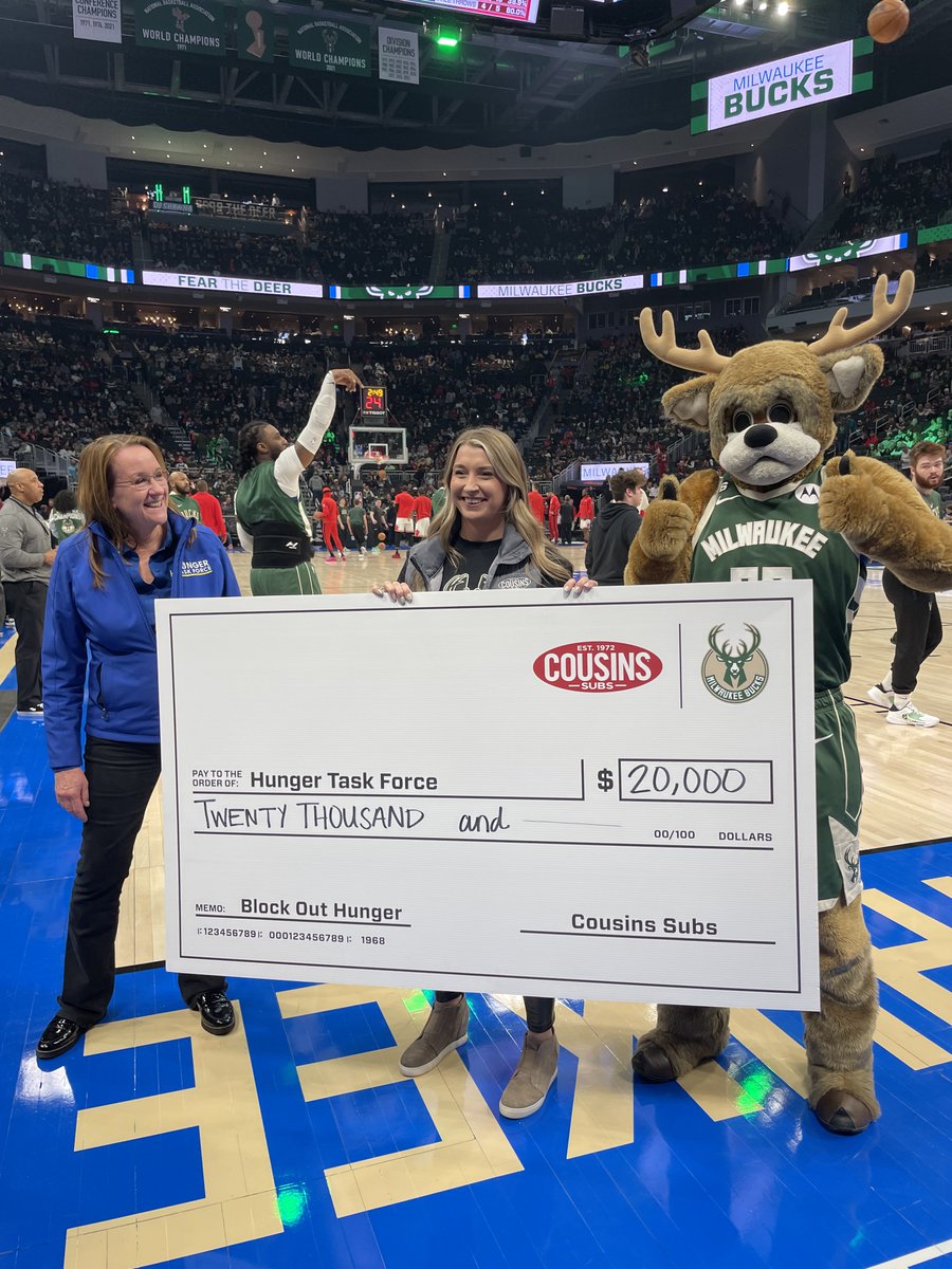 hungertaskforce's tweet photo. Hunger Task Force was proud to take the court at the @FiservForum with @cousinssubs and the @Bucks to wrap up an awesome year of #BlockOutHunger. Thank you to our amazing partners for their support and #GoBucks! https://t.co/jXkA7VQ7C9
