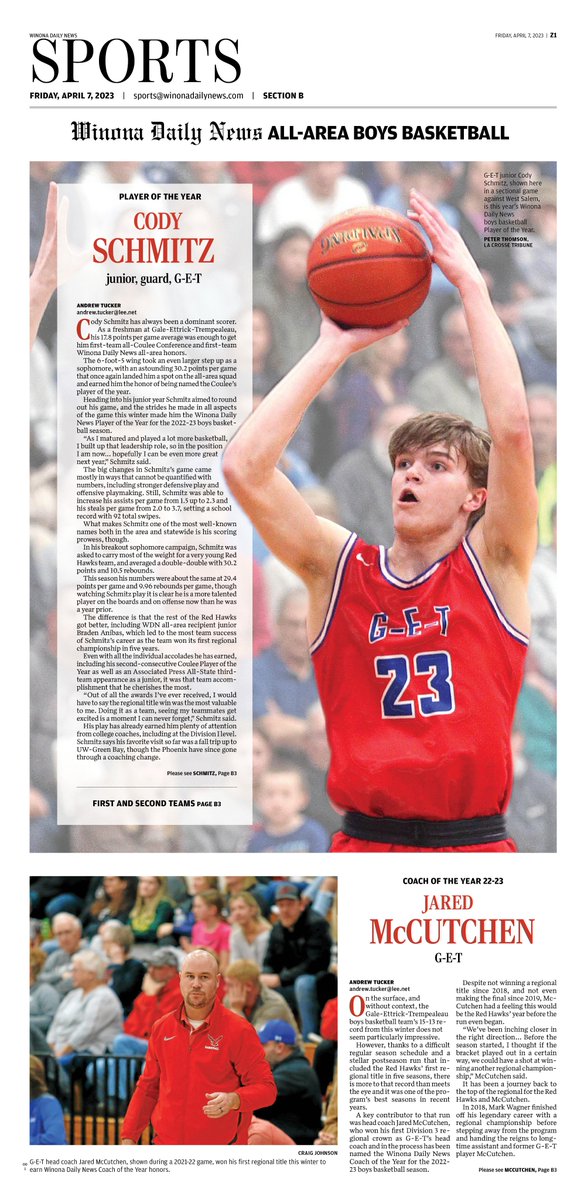 AndrewJTucker16's tweet photo. The WDN's All-Area boys basketball team is out as G-E-T's @CodySchmitz_ was named Player of the Year in a story online now and Jared McCutchen earned Coach of the Year in a story tomorrow morning. Our All-Area team story will be up in about a half hour all 3 will be in print Fri. https://t.co/jXxRoxaDHb