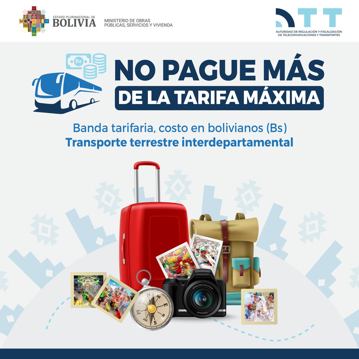 ATTBolivia's tweet photo. En #SemanaSanta, revisa las tarifas máximas establecidas por la @ATTBolivia para el transporte terrestre interdepartamental, antes de adquirir tus boletos. Acude a nuestros Supervisores de Servicios de la ATT - #SSATT ante cualquier cobro excesivo.
#UnidosHaciaElBicentenario https://t.co/gJYiJHkKEa