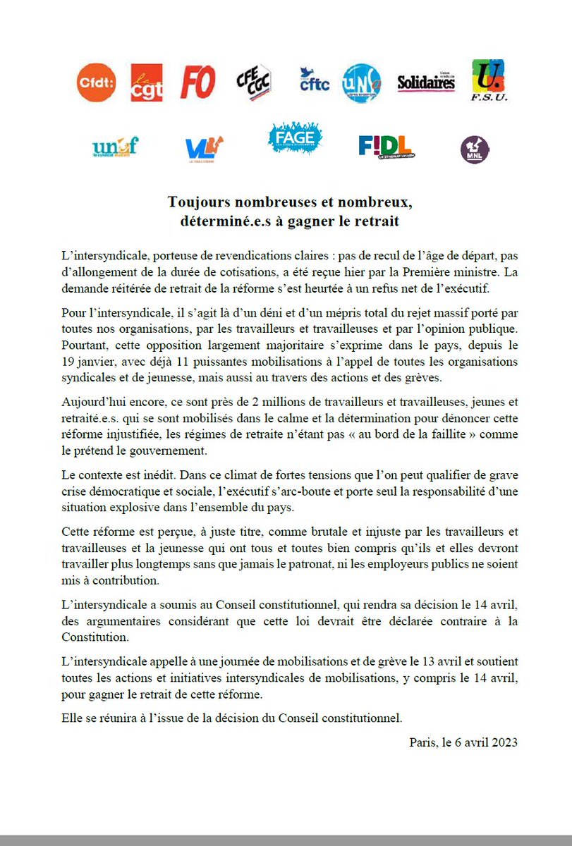 🔴 Communiqué de presse de l'intersyndicale ⤵️