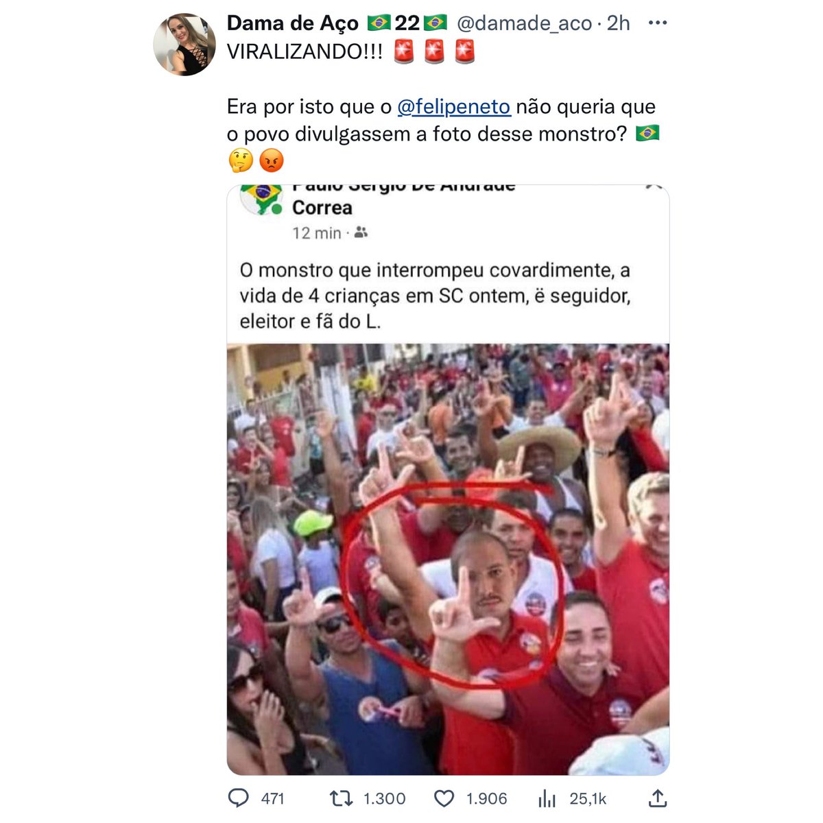 🚨BRASIL: Bolsonaristas usam fake news para associar criminoso do massacre em creche de Blumenau ao presidente Lula. O perfil ‘Dama de Aço 22’ responderá criminalmente.