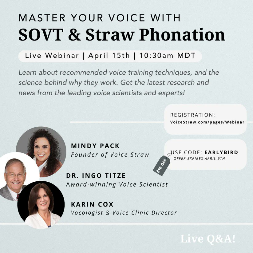 VoiceStraw's tweet image. Webinar: Master Your Voice with SOVT &amp;amp; Straw Phonation
Dr. Titze &amp;amp; Karin Cox from @NCVSorg will be joining @MindyPack Live on April 15th, 2023 
Learn about #SOVT &amp;amp; #StrawPhonation
Register: bit.ly/3mg146Y
#singing #vocals #vocalcoach #voice #voiceactor #singer #voiceover