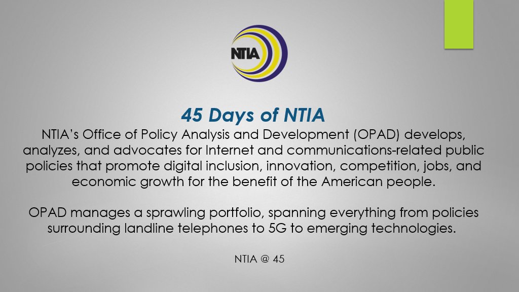 NTIAgov's tweet photo. NTIA’s Office of Policy Analysis and Development (OPAD) studies the most pressing Internet and telecom issues of today—from digital privacy to AI to cybersecurity and beyond.

Learn more👇#45DaysofNTIA
https://t.co/jJxtEN4n2q https://t.co/N3wbY674jr