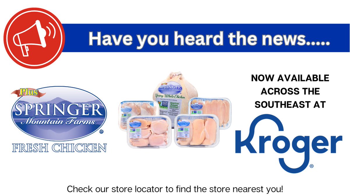 Springer Mountain Farms chicken is now available at Kroger stores in the Southeast. Check out the store locator on our website to find a store near you! Look for Springer Mountain Farms in the fresh meat case. (Product choices may vary by store.) springermountainfarms.com/store-locator