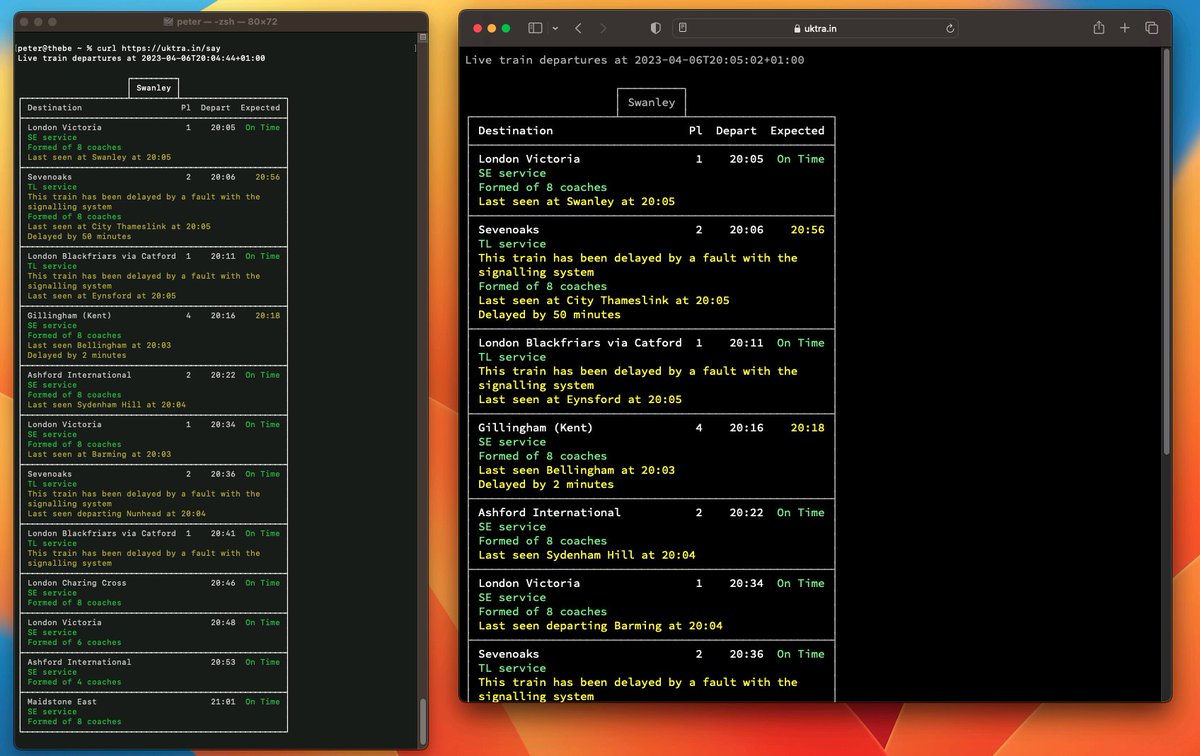 peter_mount's tweet image. I was asked if I could create a departure board which you can access from the console using curl, so here it is uktra.in

e.g. for Maidstone East you can run:

curl uktra.in/mde

Full instructions on the home page

#departureBoards #ukRailway #console