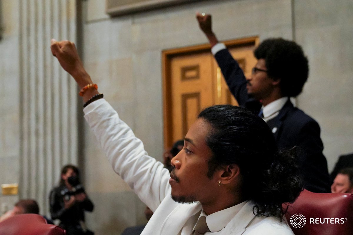 corinne_perkins (@corinne_perkins) on Twitter photo Rep. Justin Pearson and Rep. Justin Jones raise their fists as a video of last week's gun control demonstration at the statehouse is screened. Photo by <a href="/orr_photo/">Cheney Orr</a> Rep. Justin Pearson and Rep. Justin Jones raise their fists as a video of last week's gun control demonstration at the statehouse is screened. Photo by <a href="/orr_photo/">Cheney Orr</a>