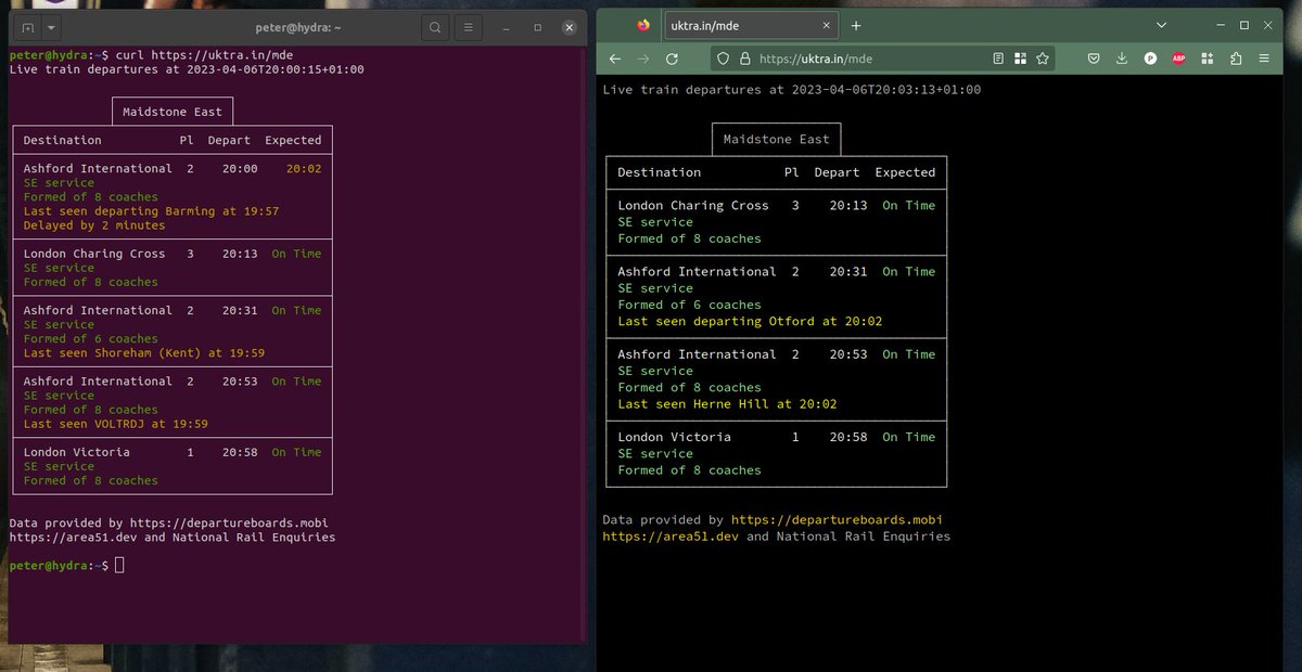 peter_mount's tweet image. I was asked if I could create a departure board which you can access from the console using curl, so here it is uktra.in

e.g. for Maidstone East you can run:

curl uktra.in/mde

Full instructions on the home page

#departureBoards #ukRailway #console