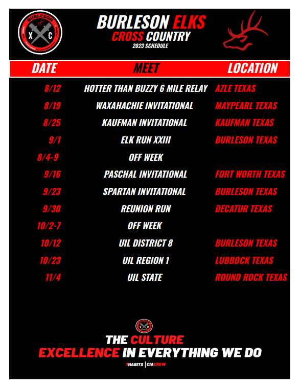 BurlesonHighXC's tweet photo. Burleson Elks 2023 XC Schedule #ExcellenceInEverythingWeDo #CIACrew #7Habits https://t.co/OOrQbKAo2d