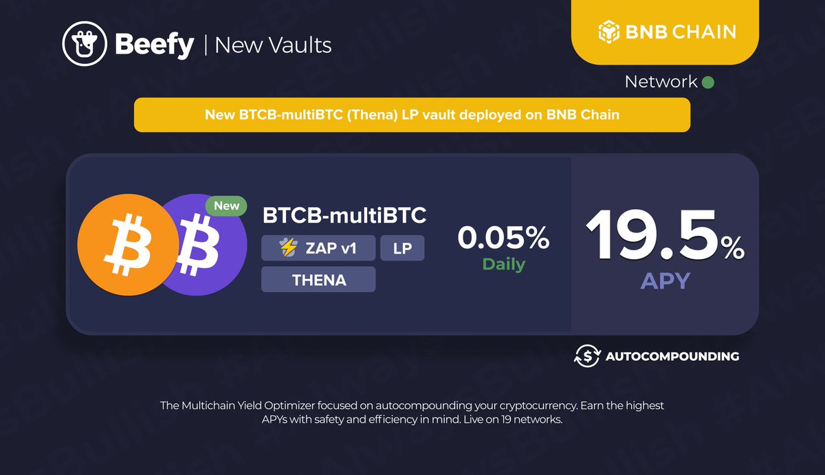 beefyfinance's tweet photo. The #Bluechip is now purple.
🆕 $BTCB - #multiBTC: 19.5% APY
👉 https://t.co/2euDYDiUzL
@ThenaFi_ @BNBChain @MultichainOrg #bitcoin #btc https://t.co/yduntgmHl3