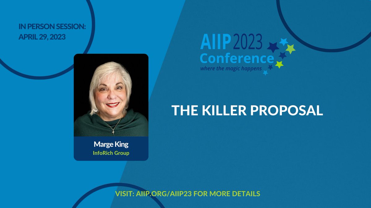 @margeking will take #AIIP23 attendees through the process of securing clients and writing winning proposals. They will learn what will set them apart from competitors, and more.
bit.ly/AIIP23Register
#proposalwriting #winningclients #conference #infopro #infopreneur