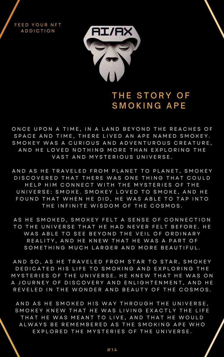 🚬🌌 Get ready to join Smokey on an intergalactic journey through smoke-filled galaxies with the latest minted story of Smoking Ape! 
Follow his travels and explore the mysteries of the universe. 🚬

#AIAXOrigins #HOC #NFT #AIIA
