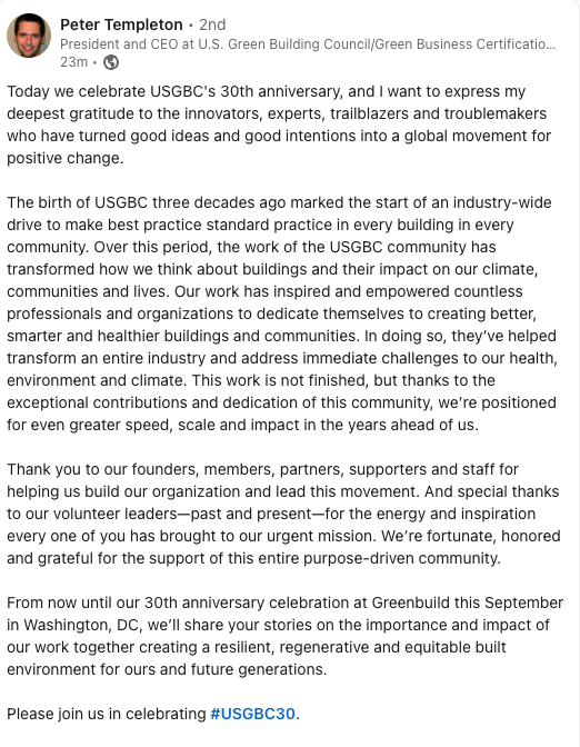 USGBC's tweet photo. Today USGBC celebrates 30 years of transforming our buildings and communities.🎉
Hear from USGBC CEO Peter Templeton as he shares his gratitude to our green building community. 🤝 https://t.co/5jDdUiKD5J #USGBC30 https://t.co/SUDUP5Pia2
