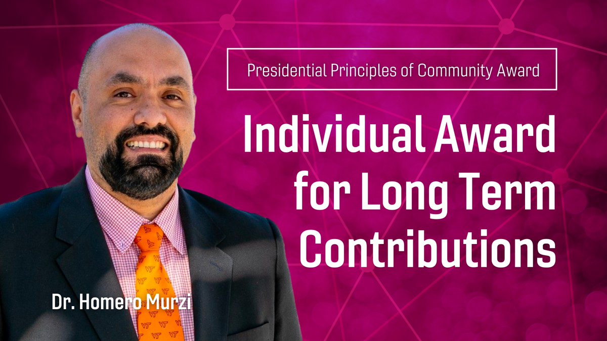 Congratulations to <a href="/hmurzi/">Homero Murzi</a> on receiving the distinguished Presidential Principles of Community Award for Long Term Contributions! These awards recognizes Tech community members who exemplify the Principles of Community.

inclusive.vt.edu/about/vtpoc/po…