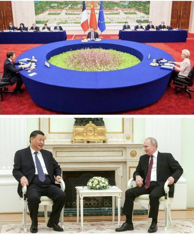 Nath_Yamb's tweet photo. Le langage diplomatique de la table. Chapitre Macron. Après Moscou, où on l’avait jeté à des kilomètres, voici l’épisode de la table ronde à Pékin. 😂 https://t.co/f2d6rVNM90