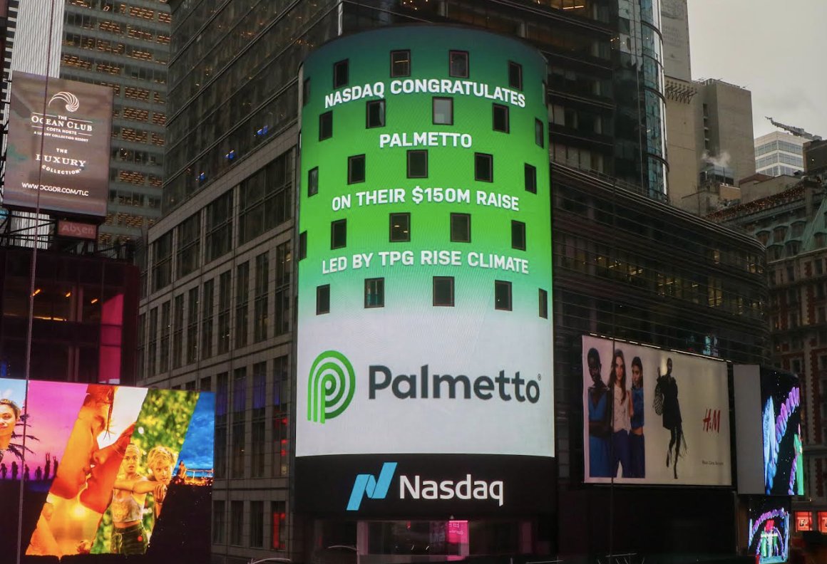 We’re overwhelmed with gratitude by this very special recognition in the middle of Times Square. Thank you <a href="/Nasdaq/">Nasdaq</a> for the feature and celebrating our recently announced partnership with <a href="/tpg/">TPG</a>. 

ICYMI, read more about this investment and TPG Rise Climate. palmetto.com/about/media-ce…