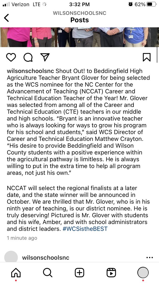 WilsonSchoolsNC's tweet photo. Shout Out! to Beddingfield High Agriculture Teacher Bryant Glover for being selected as the WCS nominee for the NC Center for the Advancement of Teaching (NCCAT) Career and Technical Education Teacher of the Year! #WCSistheBEST https://t.co/TI2DUJfuho