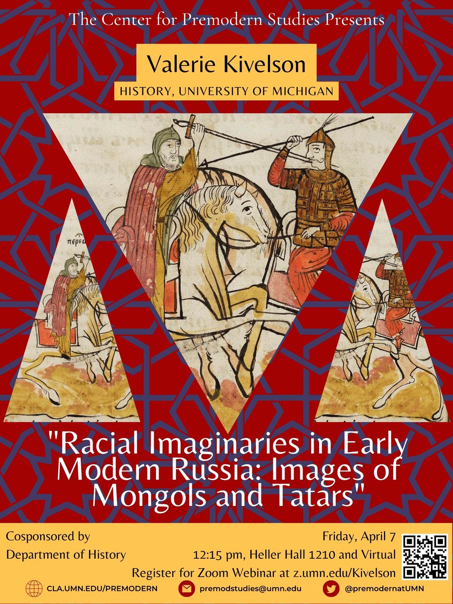 Get ready for tomorrow's event where Dr. Valerie Kivelson discusses "Racial Imaginaries in Early Modern Russia: Images of Mongols and Tatars"!

Friday, April 7th, 12:15pm
Heller Hall 1210 and Virtual
To register for zoom go to z.umn.edu/Kivelson