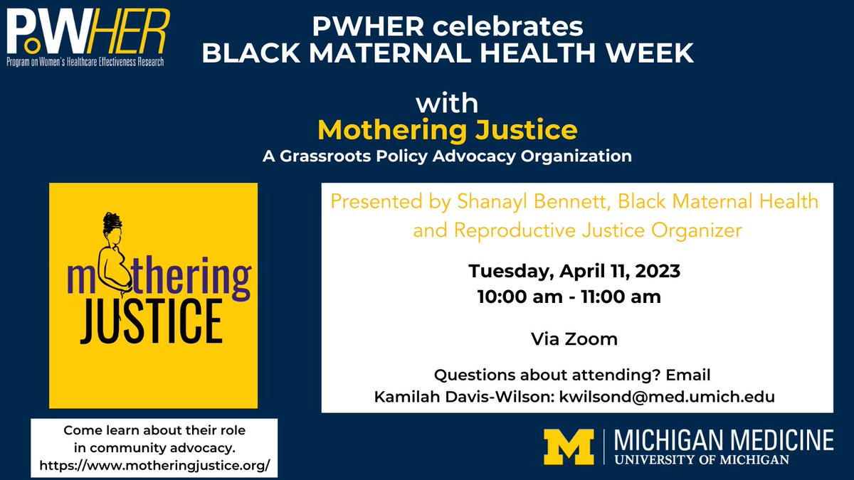 PWHER (@um_pwher) on Twitter photo We are excited to have Mothering Justice present some of their work at the PWHER meeting for the start of Black Maternal Health Week. Black Maternal Health Week is April 11-17, 2023 <a href="/UM_PWHER/">PWHER</a> <a href="/momjustice/">Mothering Justice</a> <a href="/UM_IHPI/">U-M IHPI</a> <a href="/umichmedicine/">Michigan Medicine</a> <a href="/CourtneyTownsel/">Courtney Townsel, MD MSc</a> @Okeoma_Mmeje We are excited to have Mothering Justice present some of their work at the PWHER meeting for the start of Black Maternal Health Week. Black Maternal Health Week is April 11-17, 2023 <a href="/UM_PWHER/">PWHER</a> <a href="/momjustice/">Mothering Justice</a> <a href="/UM_IHPI/">U-M IHPI</a> <a href="/umichmedicine/">Michigan Medicine</a> <a href="/CourtneyTownsel/">Courtney Townsel, MD MSc</a> @Okeoma_Mmeje