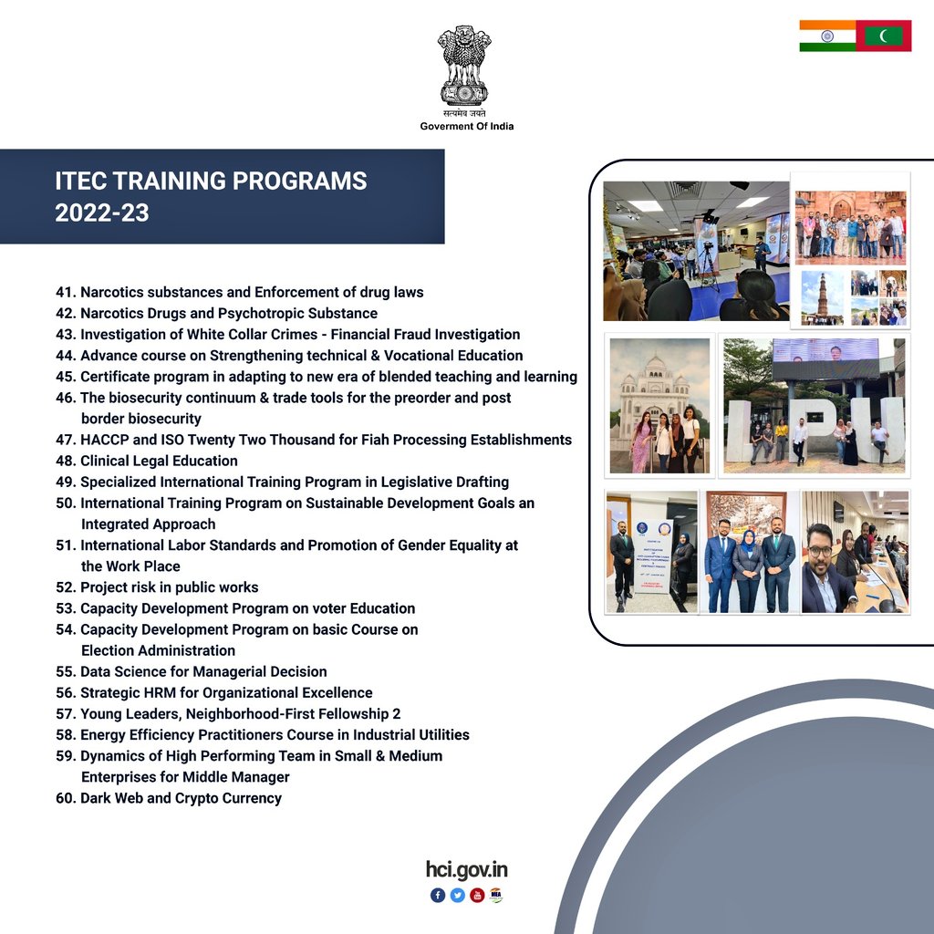 HCIMaldives's tweet image. Another milestone in 🇮🇳🇲🇻 Capacity Building cooperation!! 

Under India-Maldives @ITECnetwork partnership, in year 2022-23, 1️⃣7️⃣4️⃣ &amp;amp; 1️⃣8️⃣3️⃣ Maldivians, benefitted under #ITEC(in-person) &amp;amp; #eITEC courses, respectively. 

Confident that nos. will continue to rise ⬆️ in coming year.