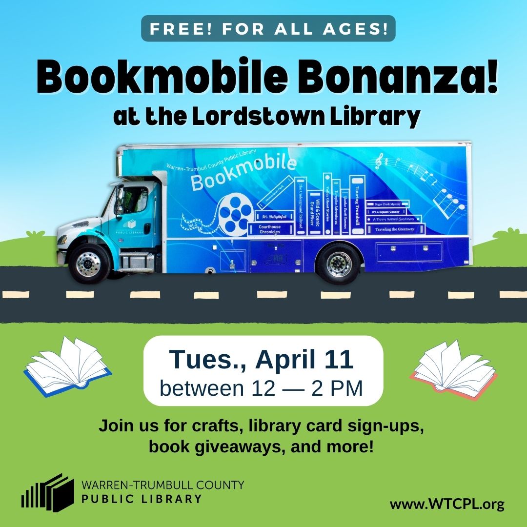 WTCPL's tweet image. TUES., 04/11/2023 - Stop by to tour the &quot;library on wheels&quot; as the #WTCPL Bookmobile makes a visit to the #LordstownLibrary! Tour the Bookmobile anytime between 12 - 2 PM. A fun family storytime will take place at 1 PM. Free! #MobileLibraryServices