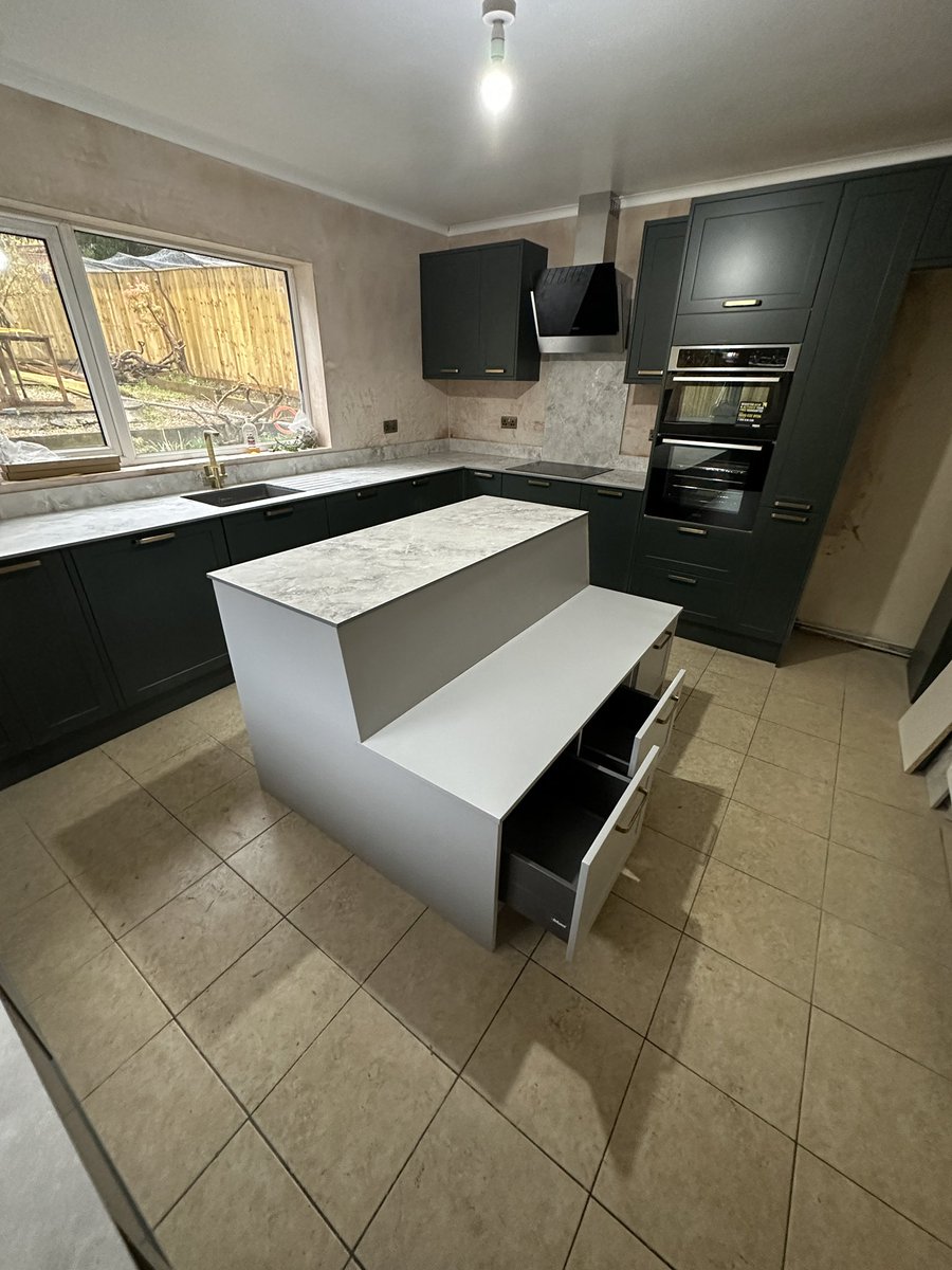 Full <a href="/Wickes/">WICKES</a> installation. Electrics, plumbing, plastering <a href="/stevethespread/">Steve James</a> ,zenith compact laminate worktops with upstand and splashback, integrated appliances. Island custom made with seating and storage. All completed in under a week. Another happy customer😀