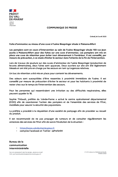 Communiqué de presse 🗞 | Fuite d'ammoniac au niveau d’une cuve à l'usine Biospringer située à 📍Maisons-Alfort  ⤵
val-de-marne.gouv.fr/Actualites/Fui…