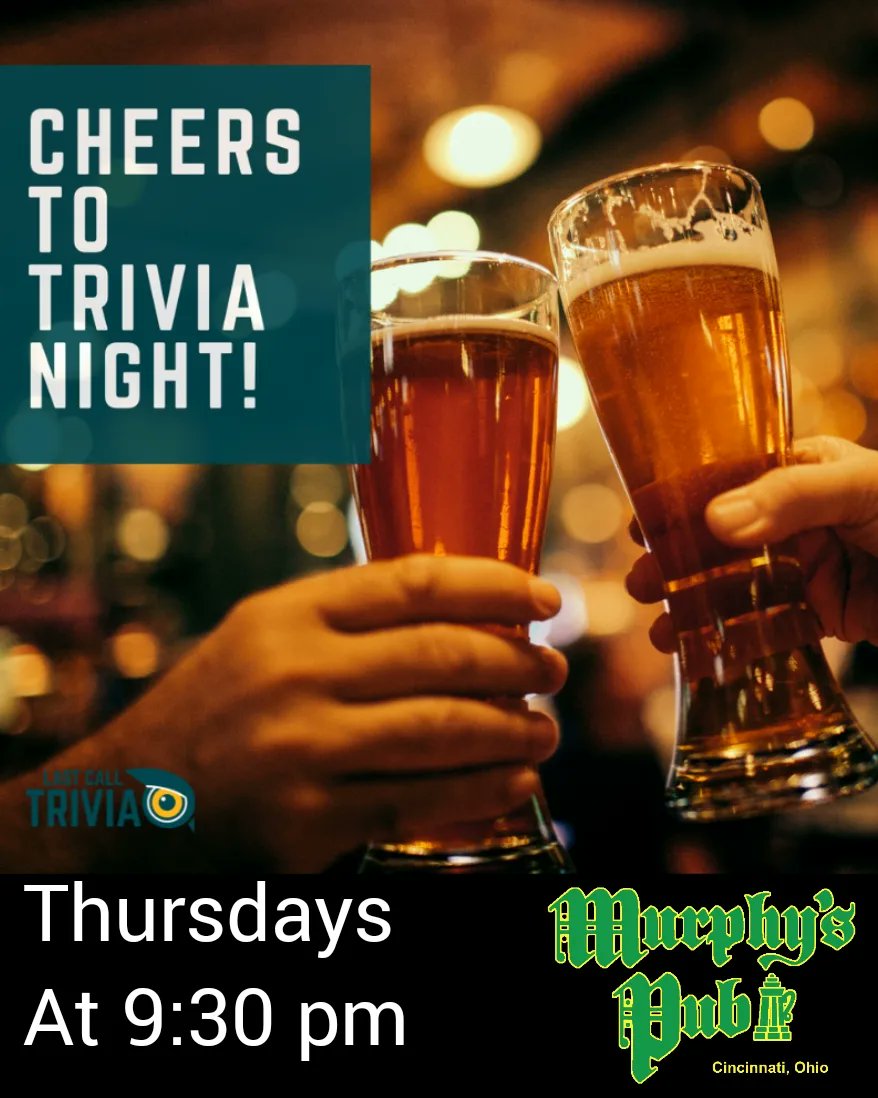 MurphysPubClift's tweet photo. π In honor of winning @UCBarstool Best Clifton Bar we're giving away T-Shirts this Friday from 4-8 pm π Just come in for your chance to win!
βΆοΈ Play Last Call Trivia tonight! Win Gift Cards and T-Shirts! Start time is 9:30 pm
β SlΓ‘inte!
#lastcalltrivia #trivia https://t.co/gQOVVVCnD5