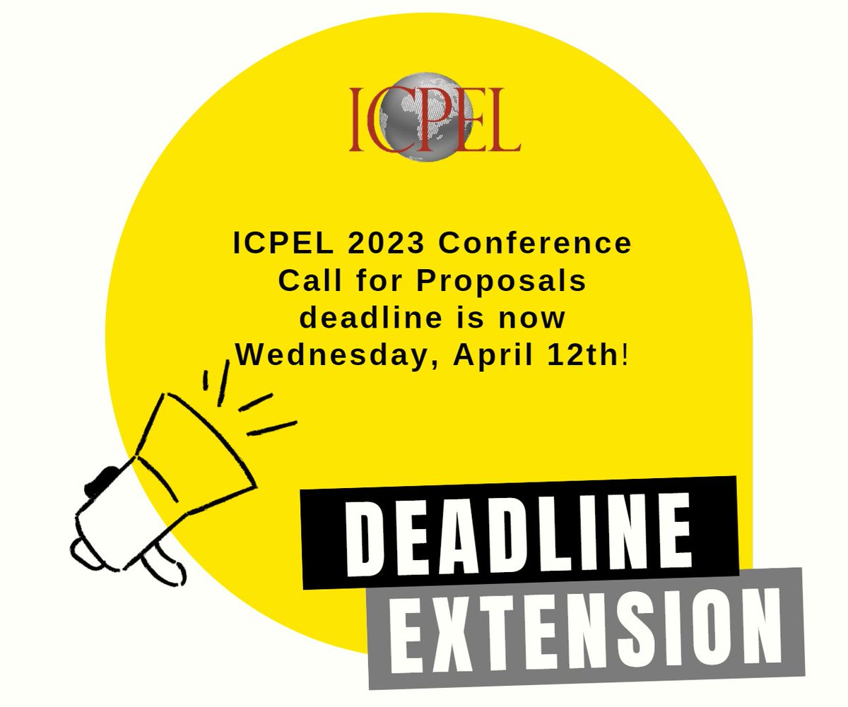 Did you want to present at the 2023 ICPEL Conference but missed the deadline? Have no fear! We extended the deadline to accommodate those busy schedules! Submit now! icpel.org/call-for-propo… #icpel2023 #ELWB #HigherEducation #conference2023 #edleadership