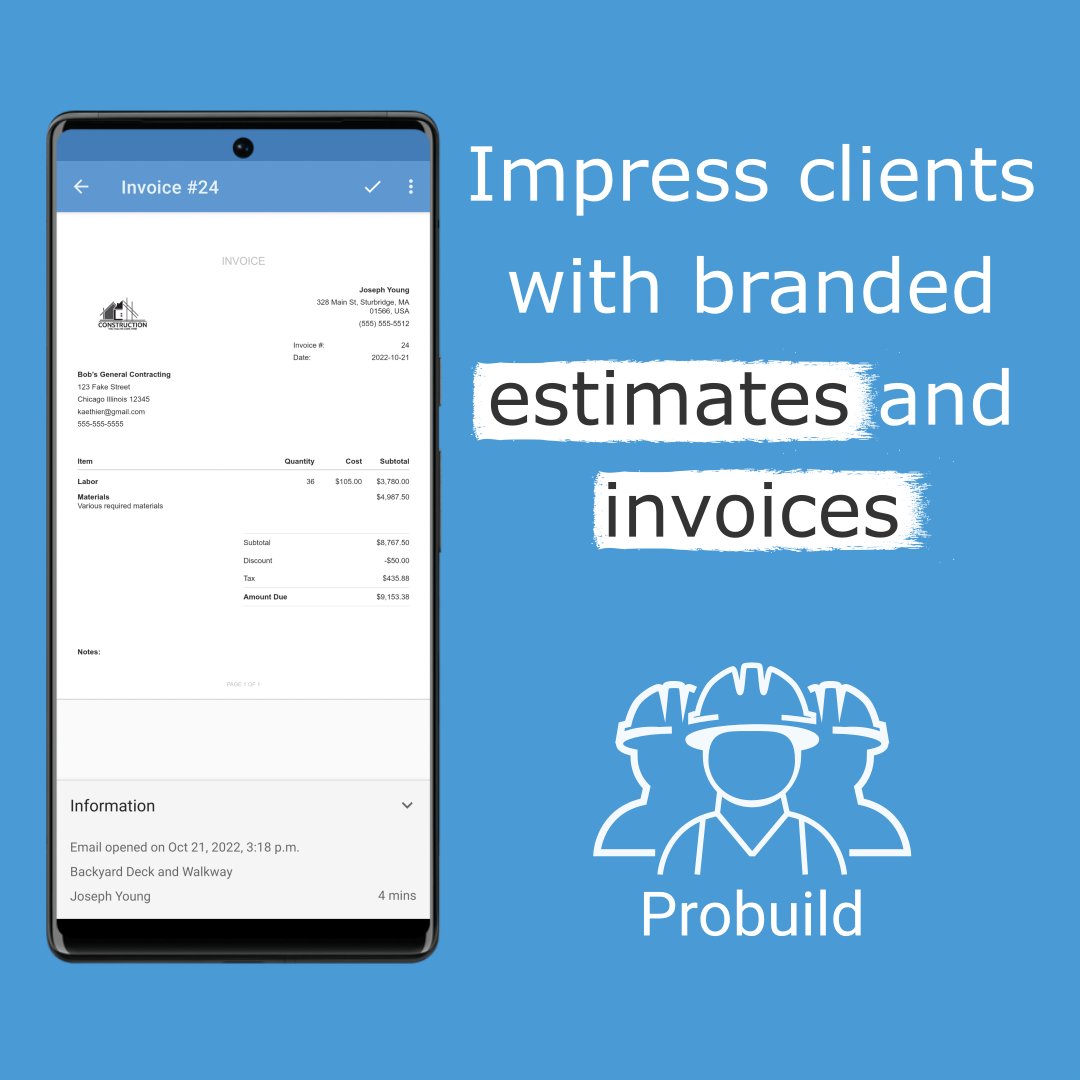 ProbuildApp's tweet image. Knock your clients&apos; socks off with professional #estimates and #invoices, created in just seconds. Available on Android (bit.ly/3c3w2UT) or iOS (apple.co/2A7J5Hx) #contractors #trades #builders