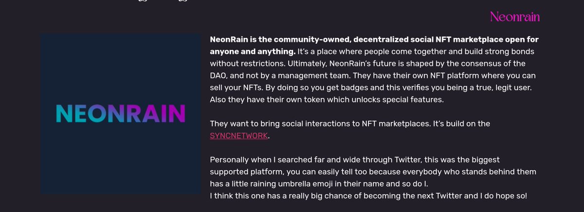 Good morning! 

I will be posting all the web3 social medias I've researched in my beginners guide to web3 social media the coming days.

Let's kick it off with <a href="/Neonrain_io/">☔️ NeonRain - Decentralized Social NFT Marketplace</a> !