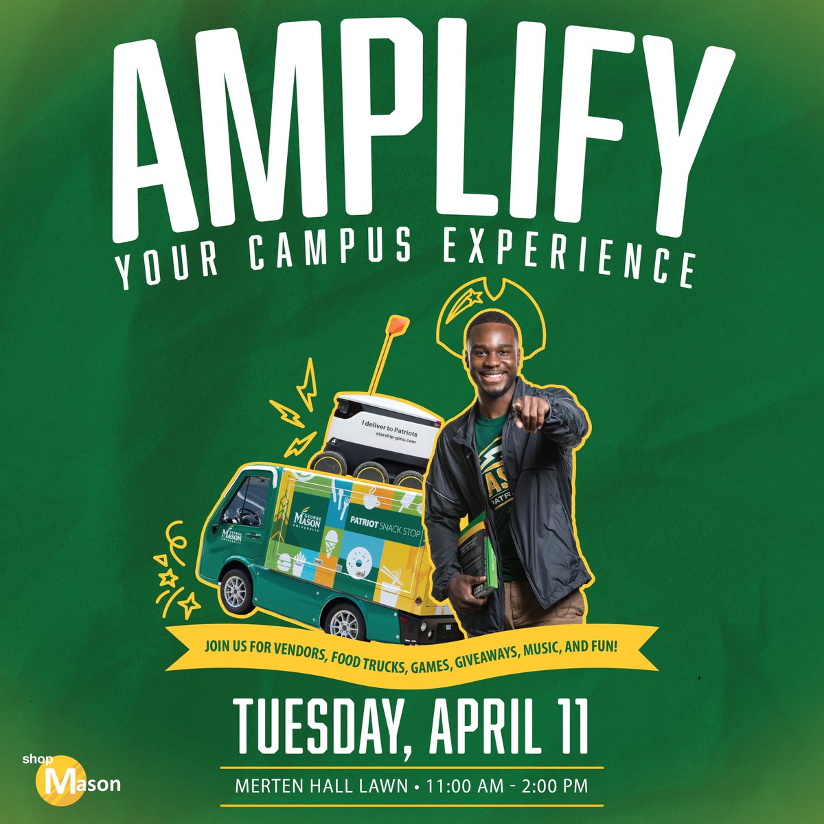 AMPLIFY your campus experience with samples from #MasonMerchants and #PatriotPerks on April 11th at Merten Hall. There will be food trucks, music, giveaways, and more!

RSVP on @shopMason 's link in their bio for a chance to win a bonus prize
#MasonNation #gmu