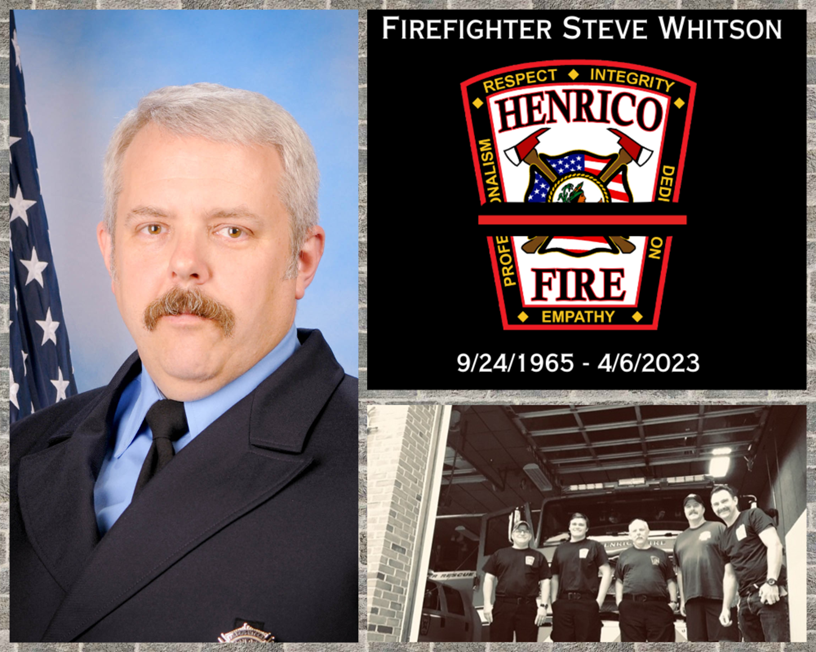 HenricoFire's tweet photo. Today our Division of Fire Family mourns the loss of one of our own. It is with a heavy heart that we report the unexpected news of FF Steve Whitson's passing. Arrangements will be shared when available. Thank you for keeping our public safety family in your thoughts and prayers. https://t.co/8ujwpg3iBr