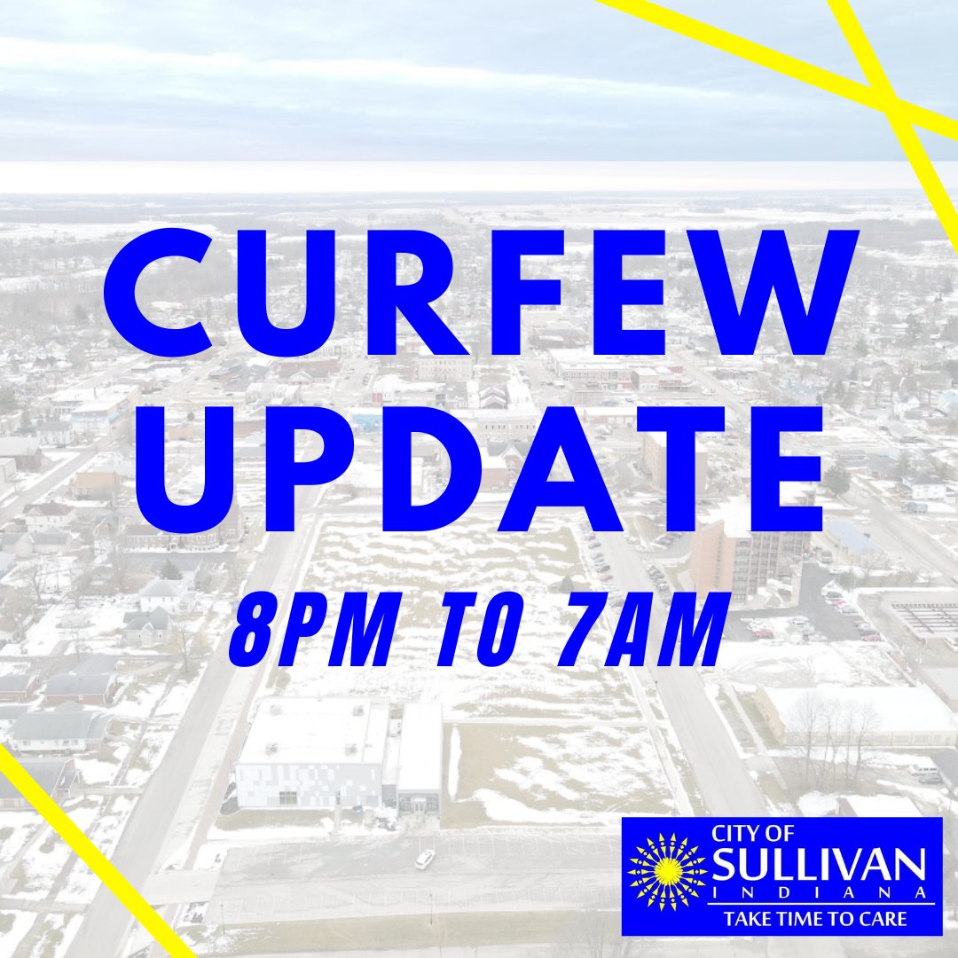 sullivan_city's tweet photo. The curfew put in place by the #CityOfSullivan has been adjusted.

The curfew is now from 8pm to 7am for the affected area. This has been put in place to keep our community safe. This new curfew goes into effect beginning tonight, April 6.

#TakeTimeToCare #SullivanStrong https://t.co/OSU0wo7HD3