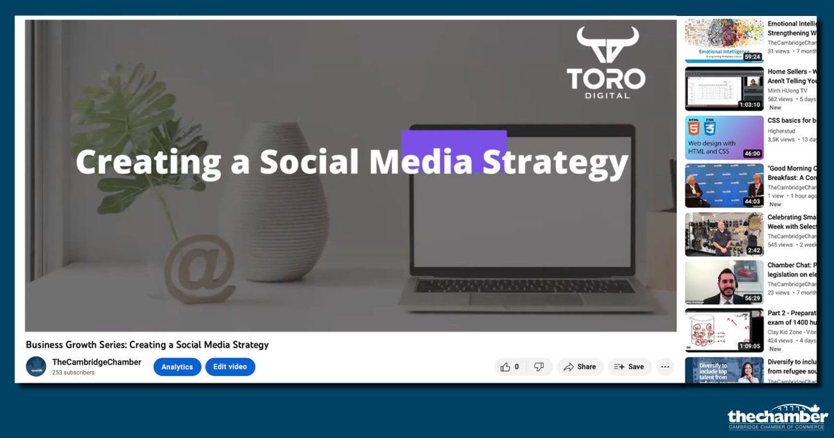 My_Chamber's tweet image. Thanks to Toro Digital’s Jorge Meneses for offering great advice today at our Business Growth Series webinar regarding social media marketing strategies. Watch it on YouTube ((bit.ly/3nX0viQ) if you missed it. #businesslearning #cbridge #businesstips #smallbusiness