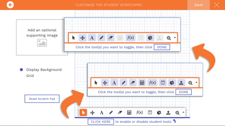 wootmath's tweet image. You can disable tools on the student scratchpad – just click on the Scratchpad Settings button, click the button to enable or disable tools, and then click on the tools you want to disable. #EdTech #FormativeTech