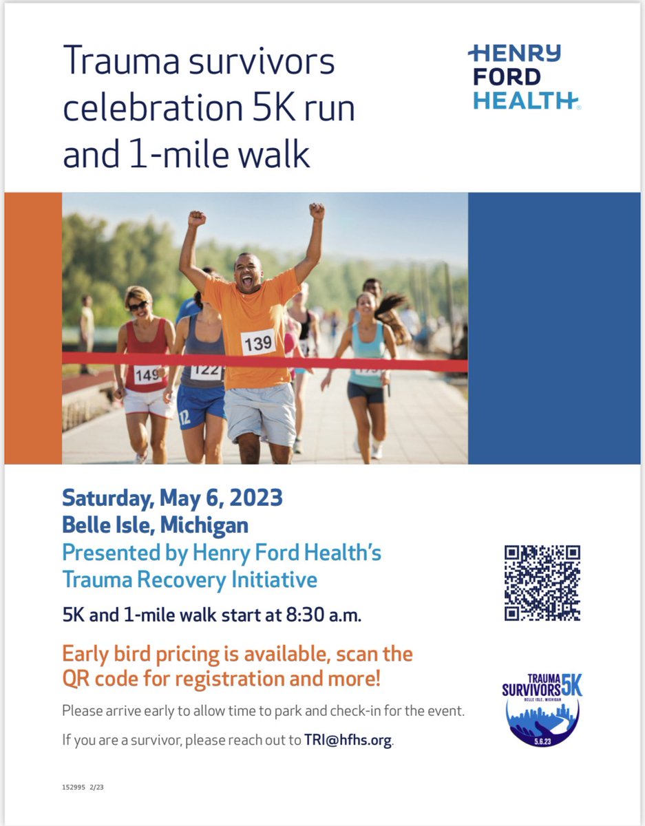 Attention Henry Ford Surgery Family:
Registration is now open for the Trauma Survivors Celebration 5K/1-mile Walk on May 6th at Belle Isle. 🏝️🏃🏽‍♀️

Help us win the 🏆 for the department with the most registered participants with the link: runsignup.com/Race/MI/Detroi…