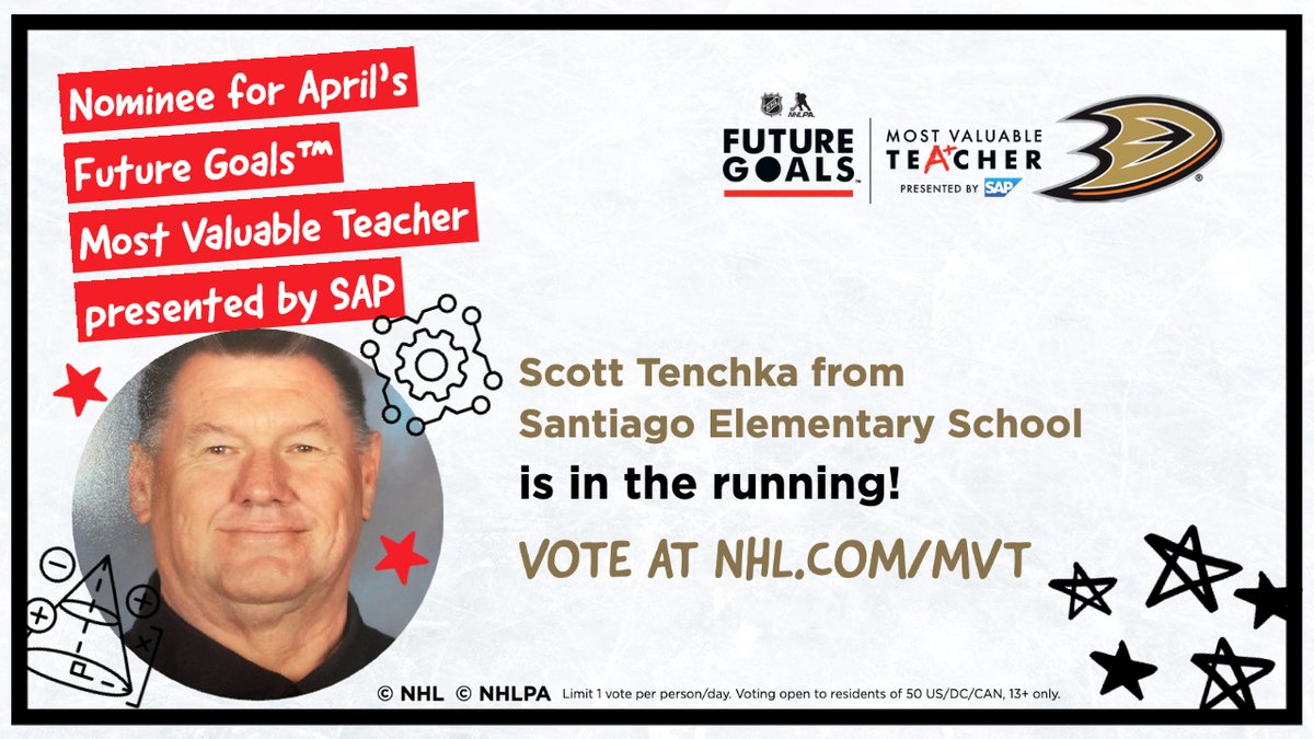 Sooo excited for Scott Tenchka, who is up for April's MVT Award! His students at Santiago Elementary in <a href="/SantaAnaUSD/">Santa Ana USD</a> learn so much from the #STEM program @futuregoalsSTEM. Show him some love and vote at nhl.com/mvt! <a href="/NHL/">NHL</a> <a href="/NHLPA/">NHLPA</a> @SAPsports <a href="/AnaheimDucks/">Anaheim Ducks</a> <a href="/EVERFIK12/">EVERFIK12</a> 🏒