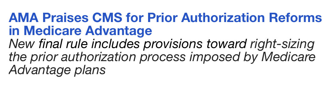 🧵AMA continues analysis of a new final rule that revises #MedicareAdvantage & the Medicare prescription drug benefit.

Initial read suggests ⁦@CMSGov⁩ has taken important steps toward right-sizing the prior auth process imposed by MA plans on medical services & procedures.