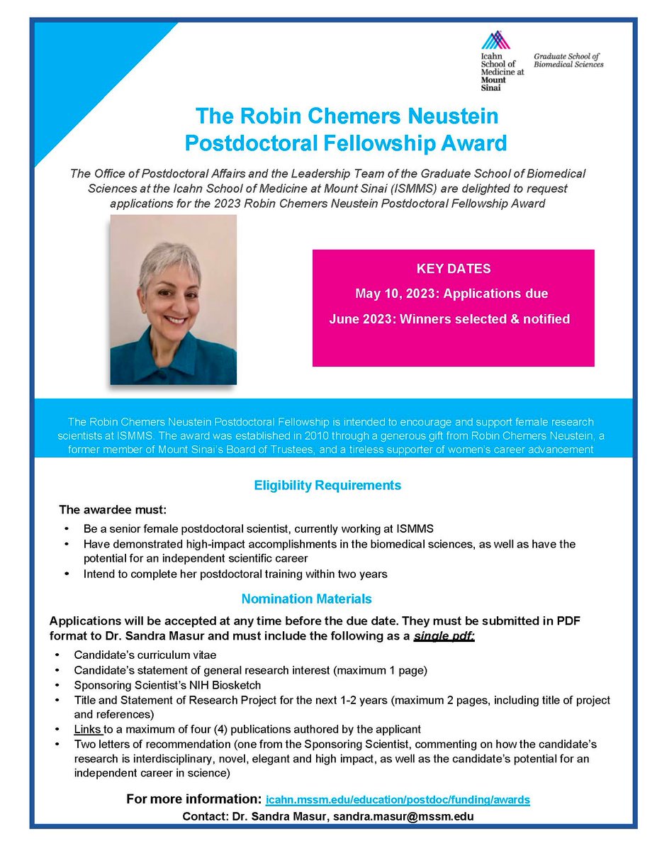 On behalf of The Office of Postdoctoral Affairs and the Leadership Team of the Graduate School of Biomedical Sciences at the Icahn School of Medicine, we are delighted to invite applications for the 2023 Robin Chemers Neustein Postdoctoral Fellowship Award.