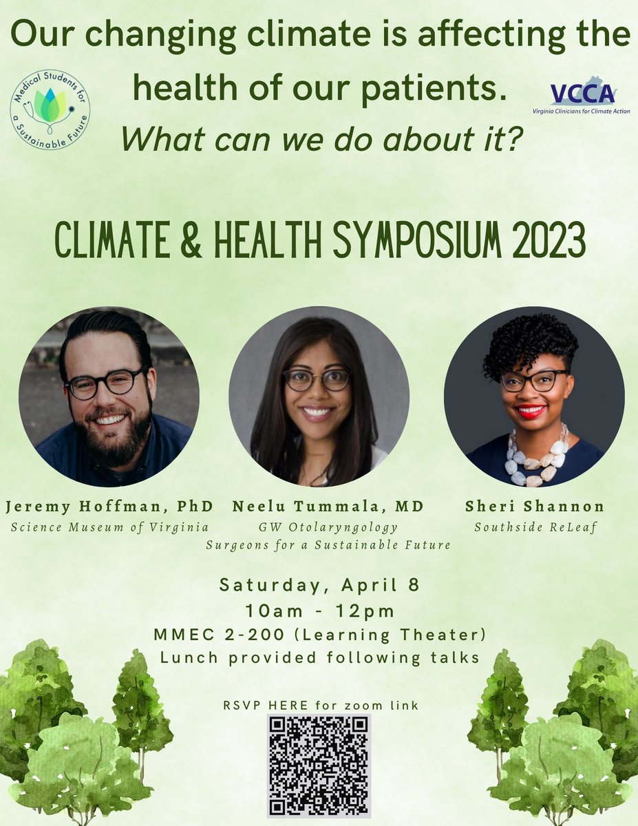 Climate change is real and it is impacting Richmond! Hear from the experts this Saturday on how and what we can do.
<a href="/NeeluTummala/">Neelu Tummala, MD, MSc</a> <a href="/SheriShannon27/">It’s ‘Shuh-ree’</a> <a href="/jer_science/">Jeremy Hoffman</a> 

Thanks to my colleagues with MS4SF@VCU and <a href="/VA_Clinicians/">Virginia Clinicians for Climate Action</a> for making this possible.
<a href="/VCUHealth/">VCU Health</a>